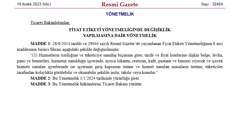 Lokanta, Restoran, Kafe ve Pastanelere Fiyat Listesi Kapı ve Masalara Konulması Zorunlu Hale Geldi